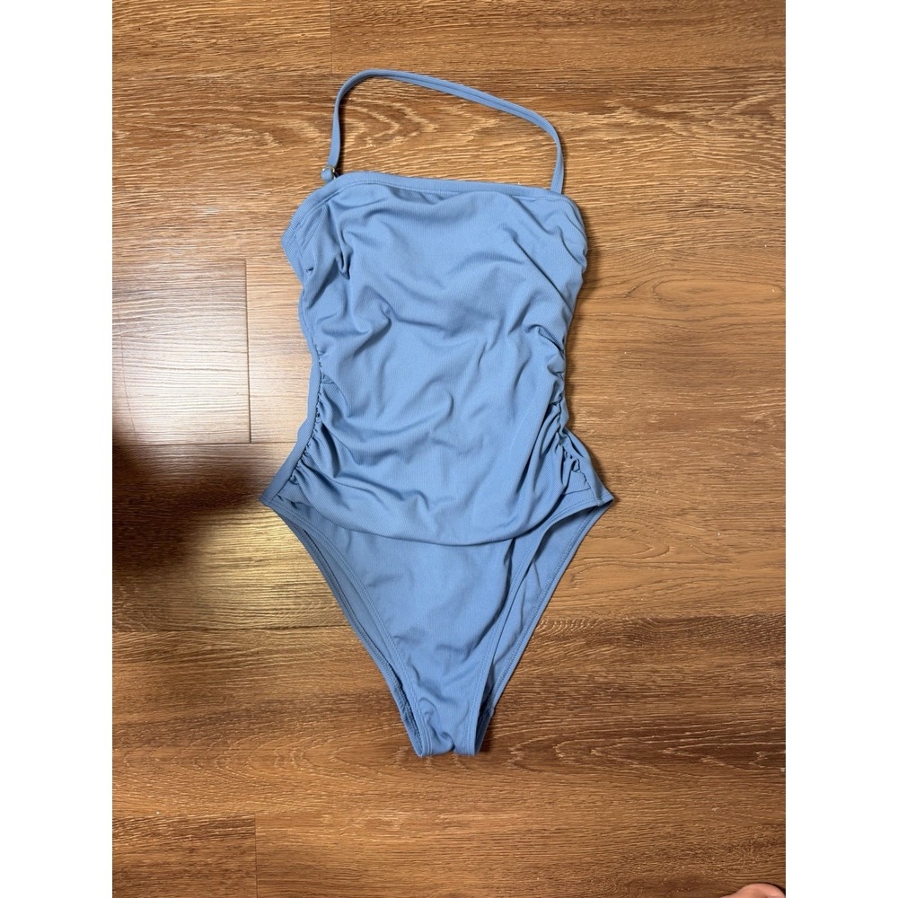 Shade & Shore Blue Ribbed Ruched One Piece Swimsuit Women Size S Stretch